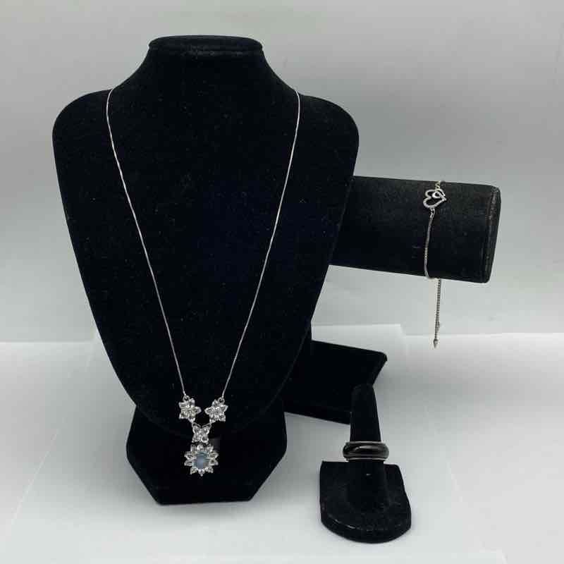 Sterling Silver 925 Jewelry Lot 3pc Flower Necklace Heart Bracelet Ring Sz 5