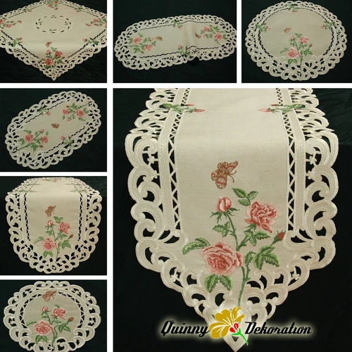 Rose Doily Table runner Tablecloth Linen-look Beige with Pink Flower Embroidery
