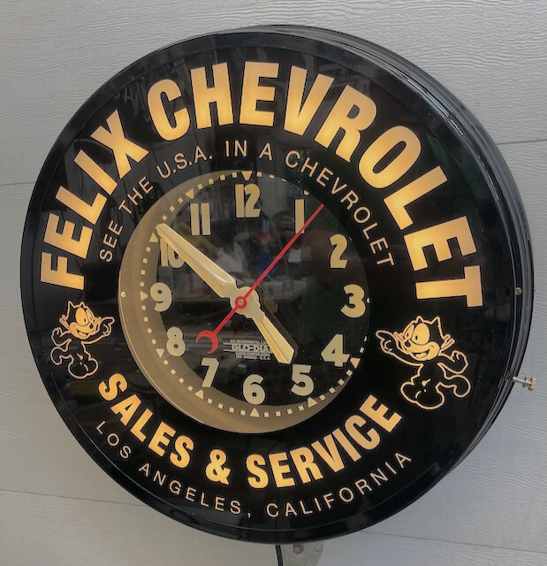 Felix Chevrolet 22" Curtis Neon Clock. W/white neon 110 volt, steel