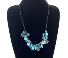 Faux Turquoise Stone Dangle Statement Necklace Clear Beads Lightweight Fashion