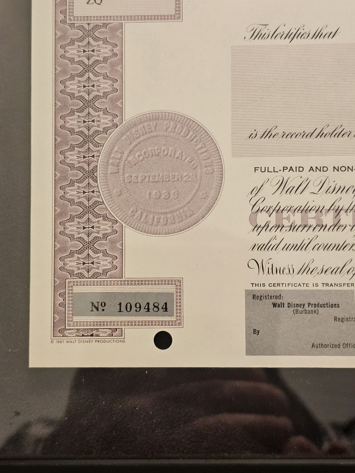 Original 1967 Walt Disney stock certificate Mickey Mouse Authentic Uncirculated