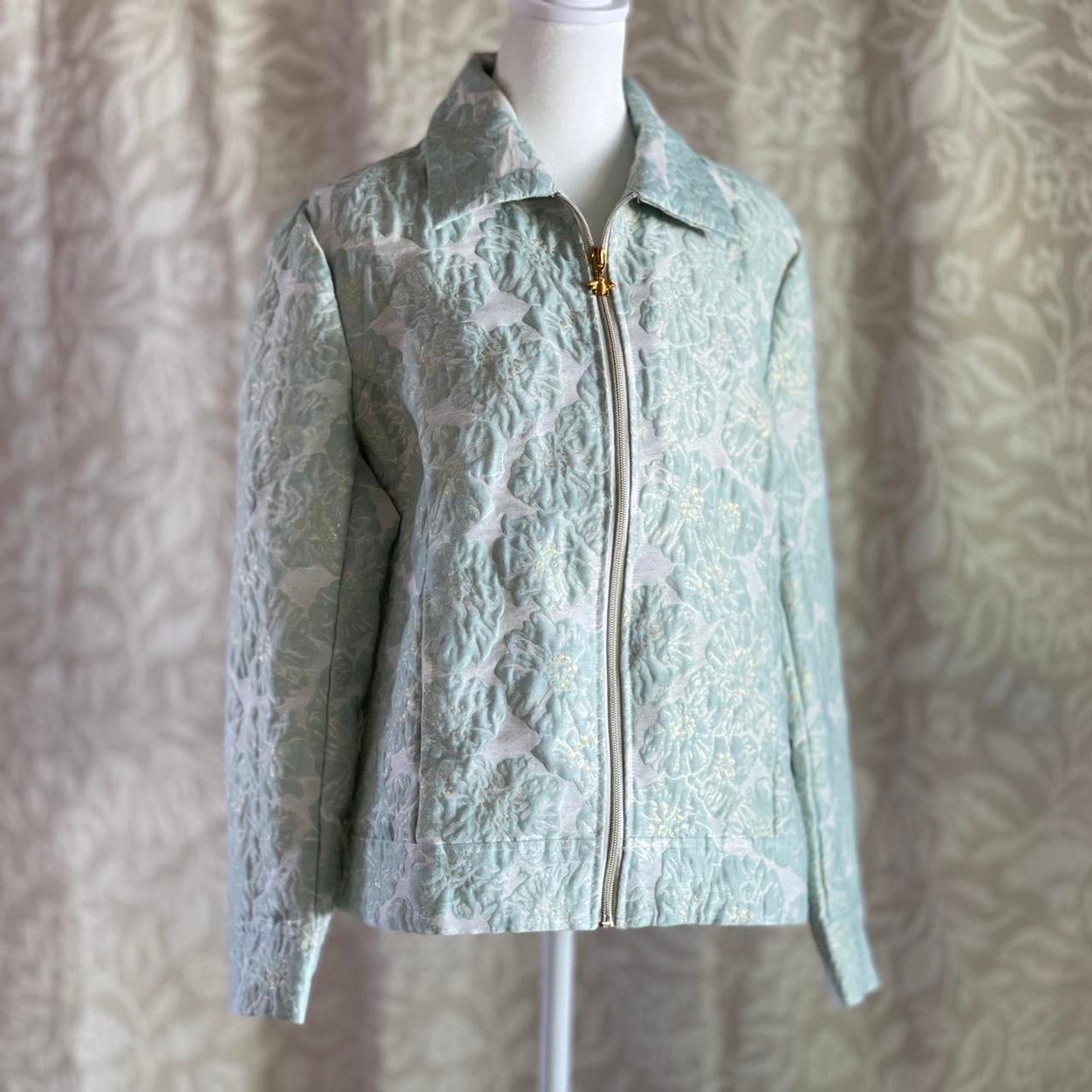 NWOT Draper's & Damon's Jacquard Brocade Blazer Zip Up Jacket Green Gold Size PL