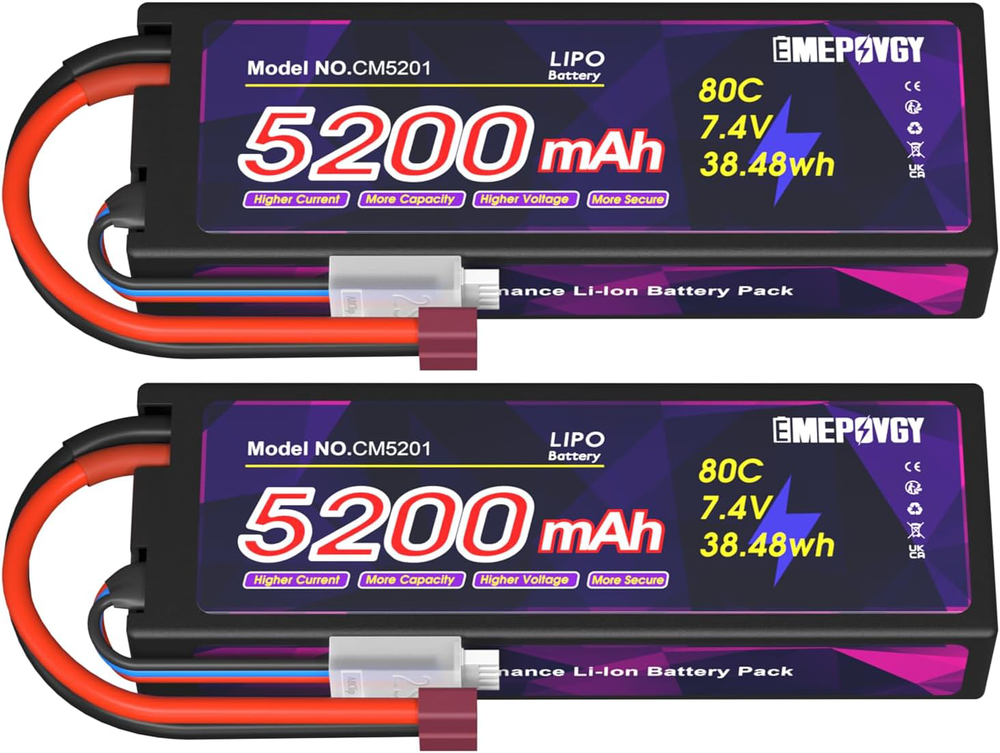 7.4V 2S Lipo Battery 80C 5200mAh Lipo Hard Case with Dean-Style T Connector for