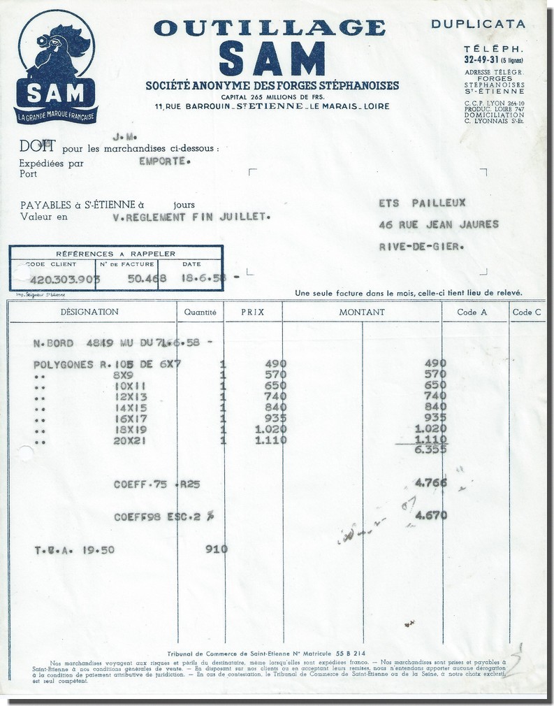 Facture D'époque - Outillage SAM Saint-Etienne - 1958 - Document Ancien