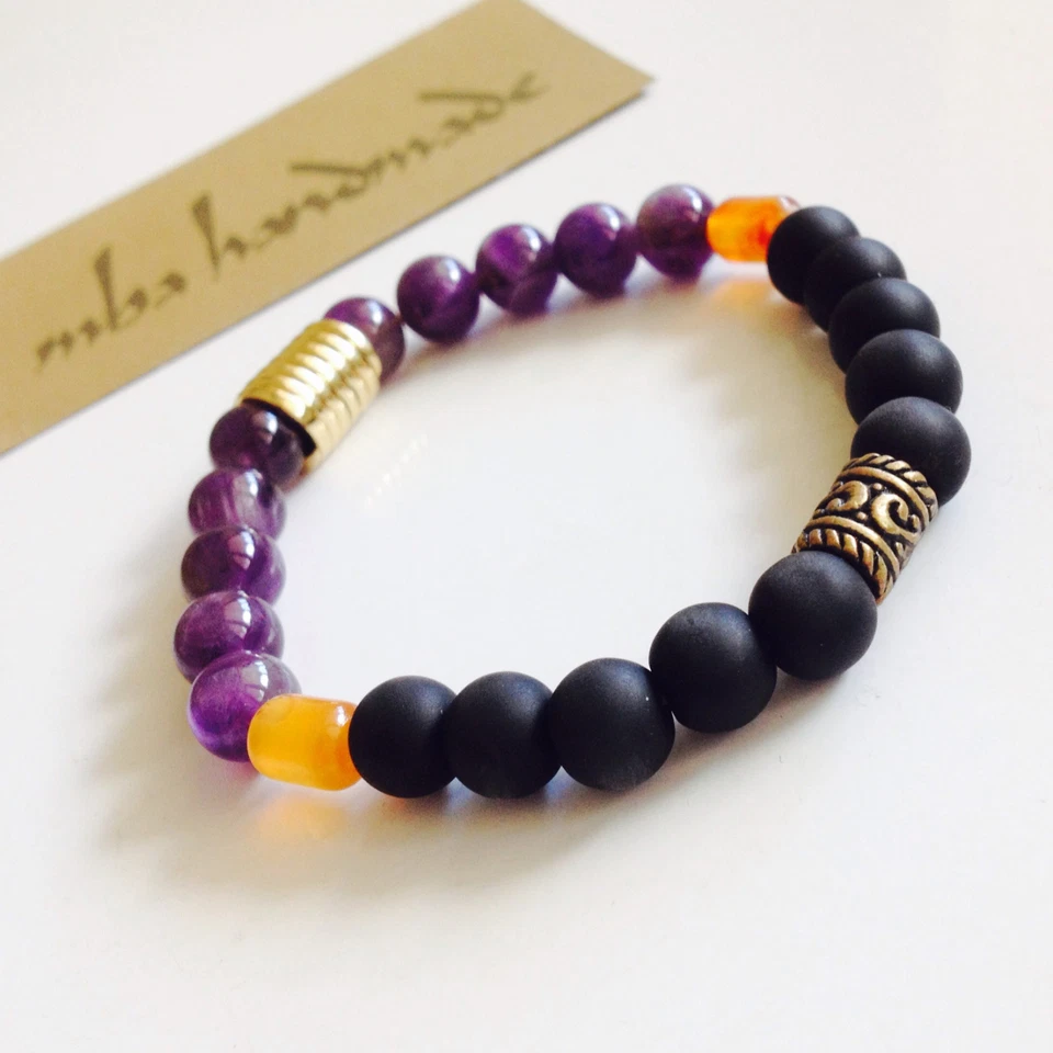 Joyería de latón con cuentas de cornalina de ónix mate amatista genuina para hombre Foto 2 de 3