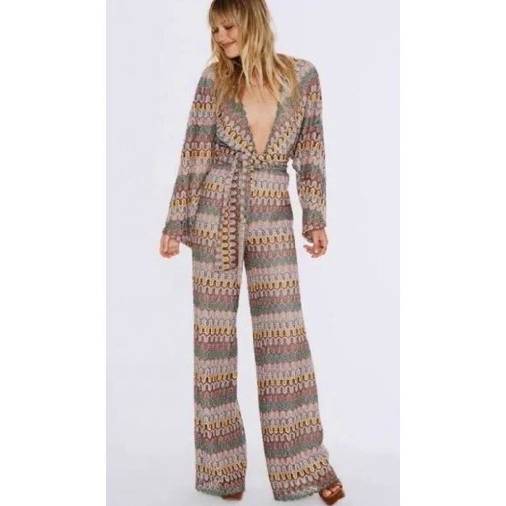 Jen's Pirate Booty Crotchet NOMAD Jumpsuit Flare Hippie V Neck Size Medium
