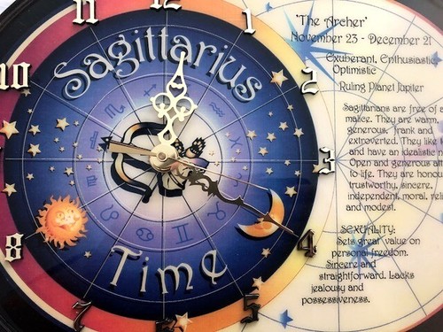 CLOCK WOODEN ZODIAC SAGITARIUS OVAL WALL MOUNT LACQUERD HOROSCOPE ASTROLOGY NEW - Picture 2 of 3