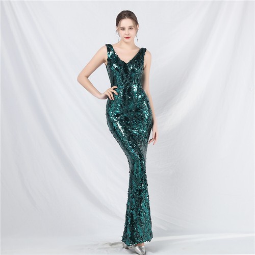 Women Bling Bling Sequin Slim Sleeveless V Neck Evening Party Long Mermaid Dress - Picture 25 of 31