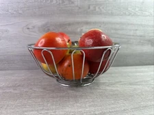 Unmarked Mid Century Modern Silver Wire Bowl & Faux Fruit Pears Apples etc.