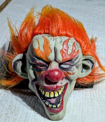 Clown Mask Adult Halloween Full Face Latex Horror Orange Hair Flame Eyes Scary