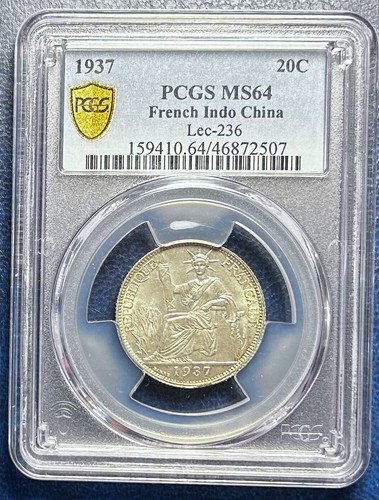 Indocinese francese, coloniale, 20 centesimi 1937, Lecompte-236, argento, PCGS MS64 - Foto 3 di 4