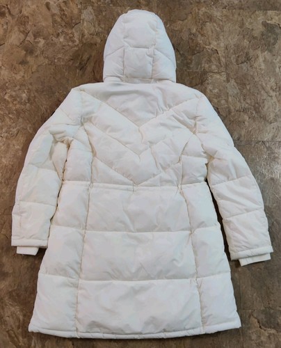 DKNY Women's Chevron Walker Long Puffer Coat Removable Hood Pearl XL - Picture 2 of 9