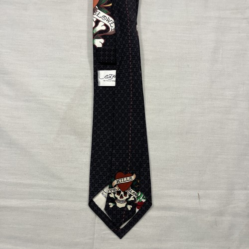 Ed Hardy Tie Mens Black Love Kills Skull Heart Tattoo Print Silk Graphic Necktie - Picture 6 of 10