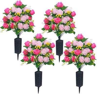 Lodou 4 Sets Artificial Cemetery Flowers, Memorial Flowers Bouquet Powder Red 