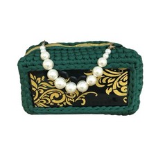 Crochet Pearl handle acrylic gold intricate scroll design front Back mini bag