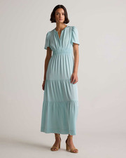 Quince Washable Stretch Silk Tiered Maxi Dress Aqua Pearl XS Puff Sleeve