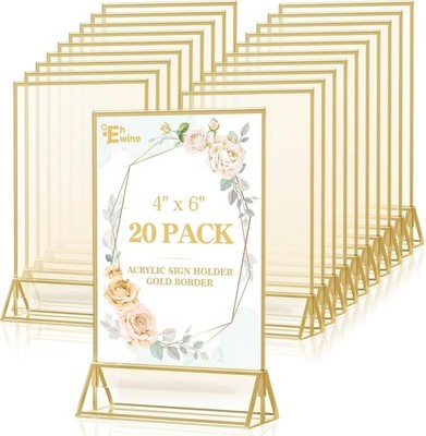 20 Pack Gold Acrylic Sign Holder 4x6 Double Sided Table Top Menu Picture Frame