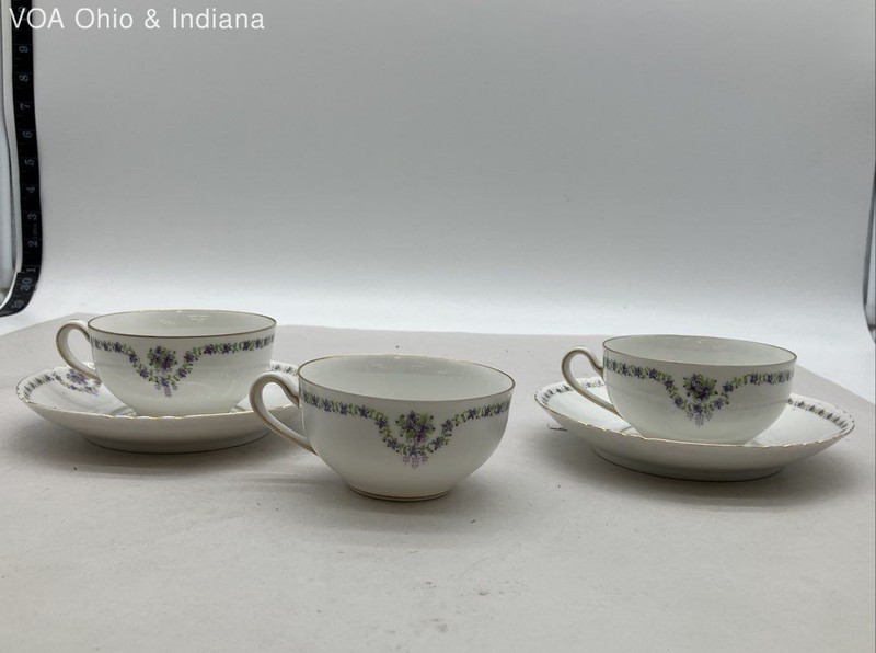 Paul Muller Selb P|S Bavaria Porcelain Teacup Saucer Set 5pc Purple Floral Gold