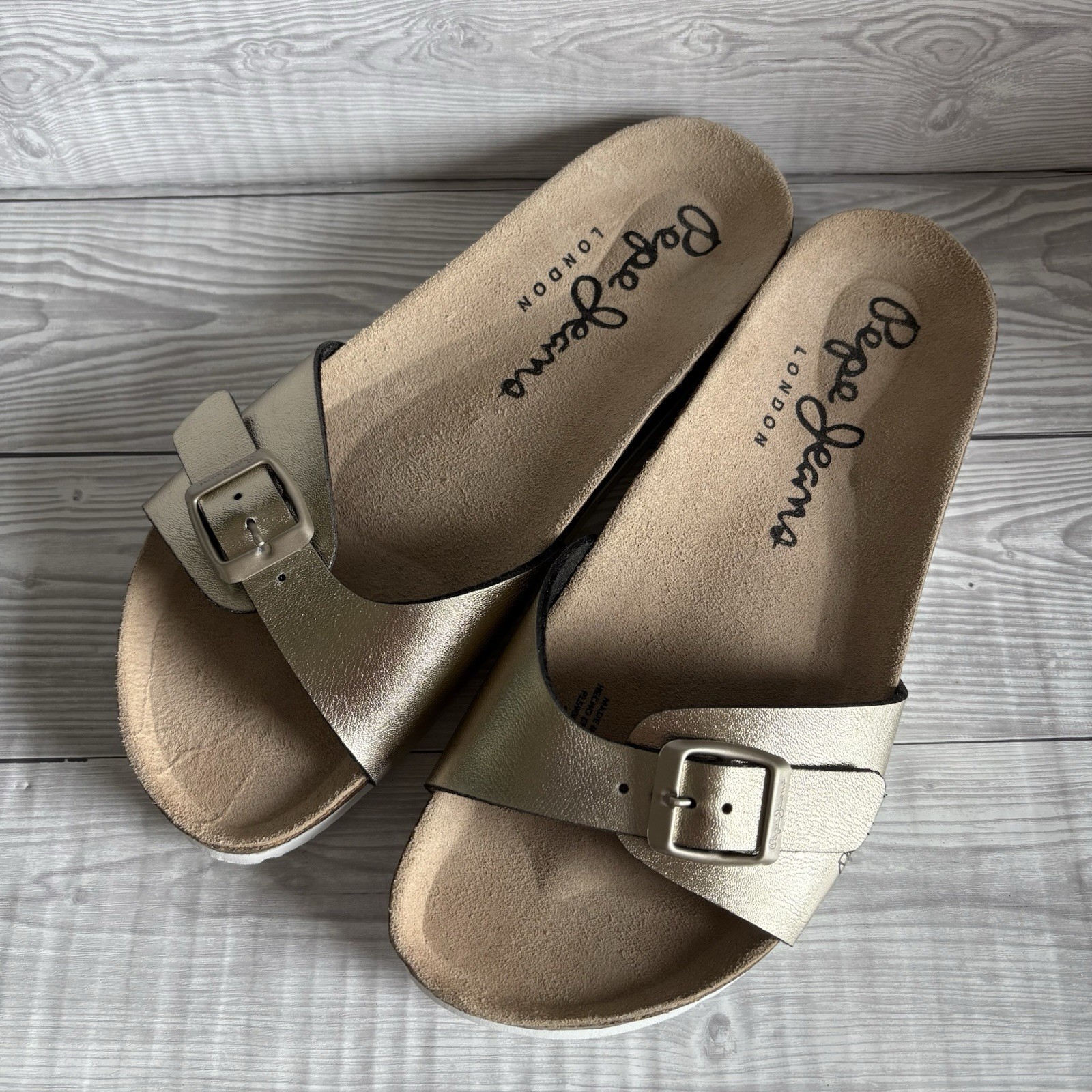 SAOLA Pepe Jeans Ciabatte Fibbia Oro Sandali Metallizzati con Suola in Sughero UK 5 EU 38