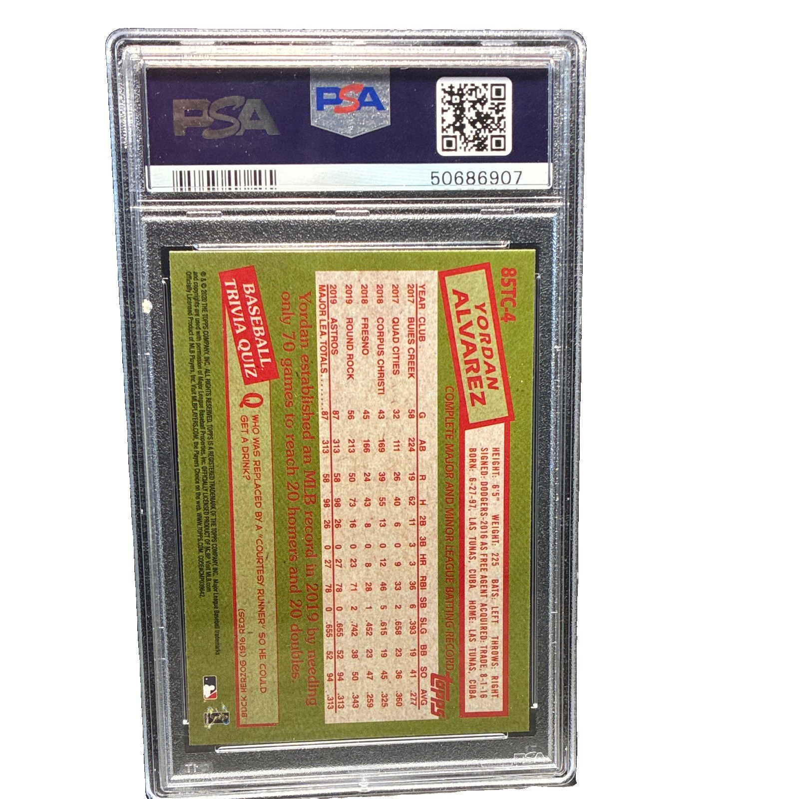Topps 2020 Chrome 1985 Topps Yordan Alvarez #85TC-4 RC Insert PSA 10 Astros view 2