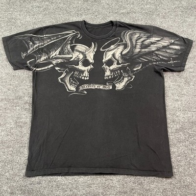 Vintage Y2K Liquid-Blue Heaven or Hell Winged Skull Shirt XL 23x27 Black