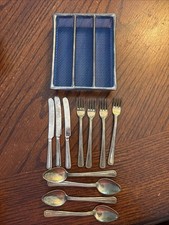Vintage Childrens Metal Toy Silverware Set w Tray 3 Knives, 4 Forks, 4 Spoons 4"