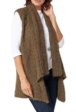 LOVE Asymmetrical Fuzzy Teddy Bear Open Front Mocha Tan Sweater Vest M/L