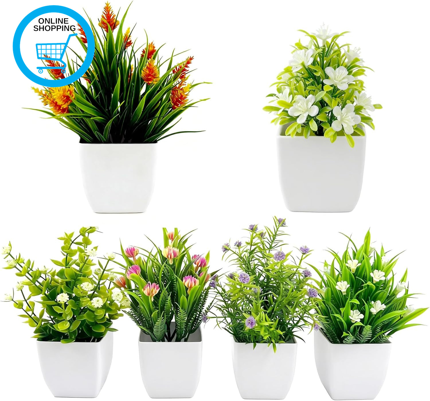 6 Pcs Small Artificial Plants Indoor Outdoor, Small Fake Plants in Pots, Plastic