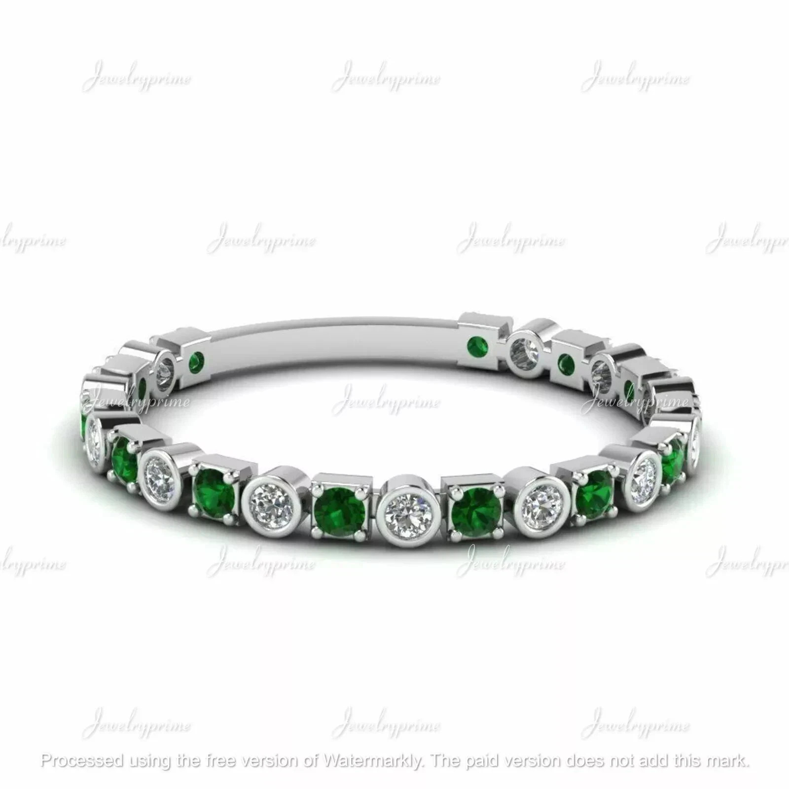 1Ct Round Lab-Created Emerald Eternity Wedding Band Ring 14k Gold Plated Silver