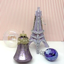 VTG Lavender Purple Christmas Ornament Lot Eiffel Tower Feather Tree Iridescent