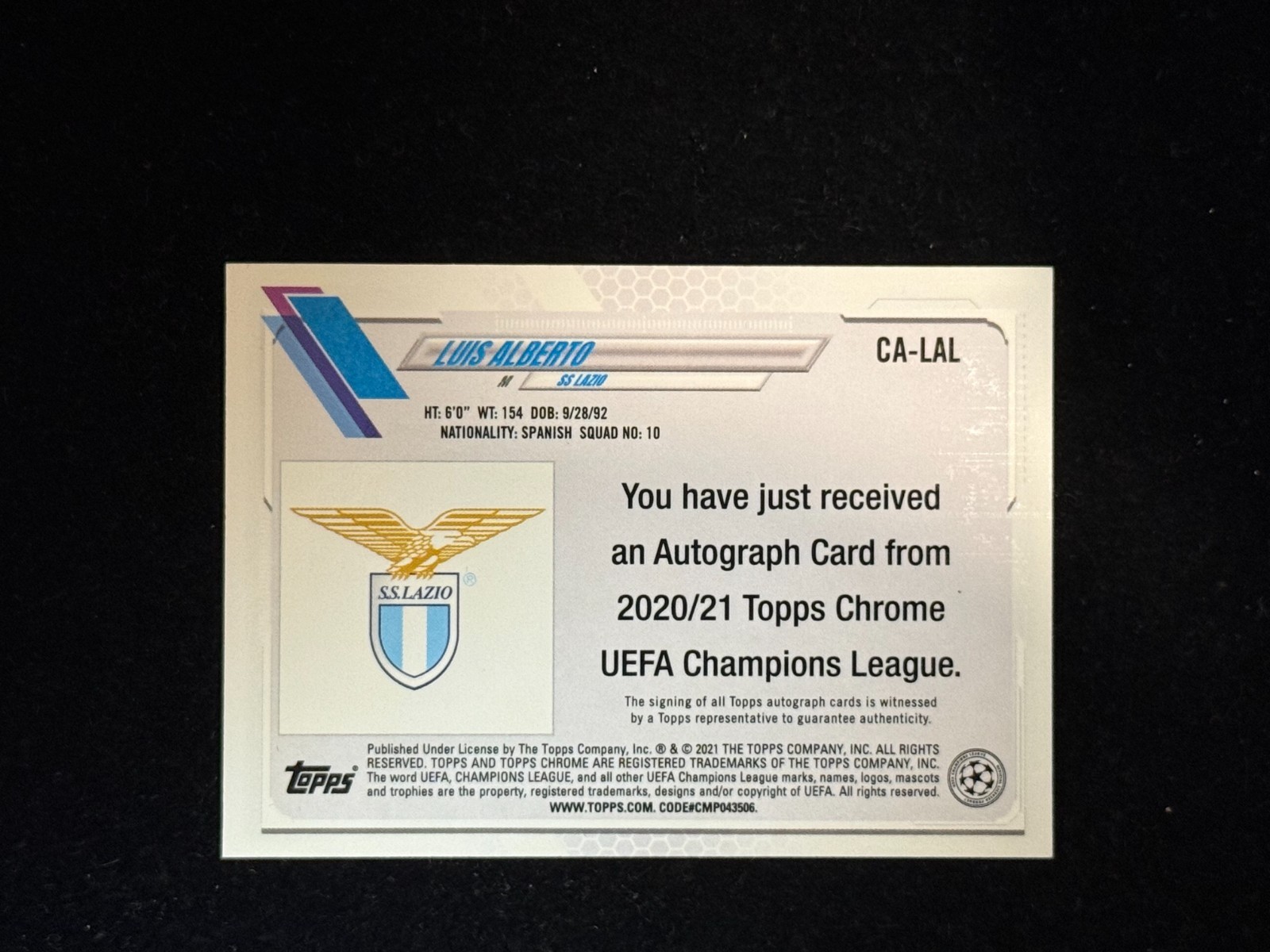 Luis Alberto 2020‑21 Topps Chrome UEFA Champions League Lazio Auto #CA-LAL view 2