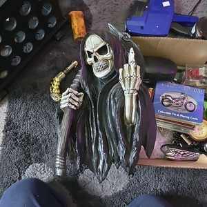 Grim Reaper Hooded Skeleton Figurine with Scythe Fantasy Collectible Statue