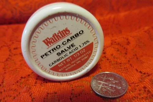 Vintage Watkins 1/3 oz Petro-Carbo Salve Advertising Tin round, 1" diam.