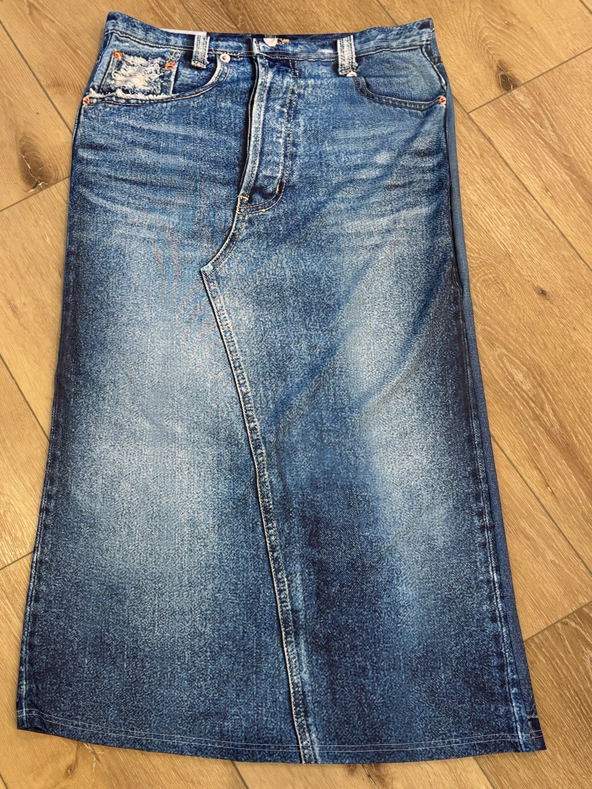 New SHEIN Curve Washed Printed Denim-look Knit Skirt XL