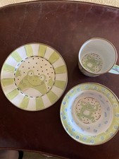 MacKenzie-Childs Frog Baby Dish Set Plate Bowl Cup Green White Blue