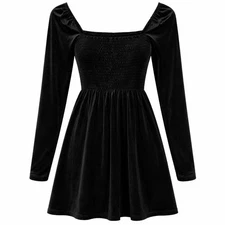 Gap Women’s Black Velvet Long-Sleeve Dress XS – Smocked Bodice, Square Neck