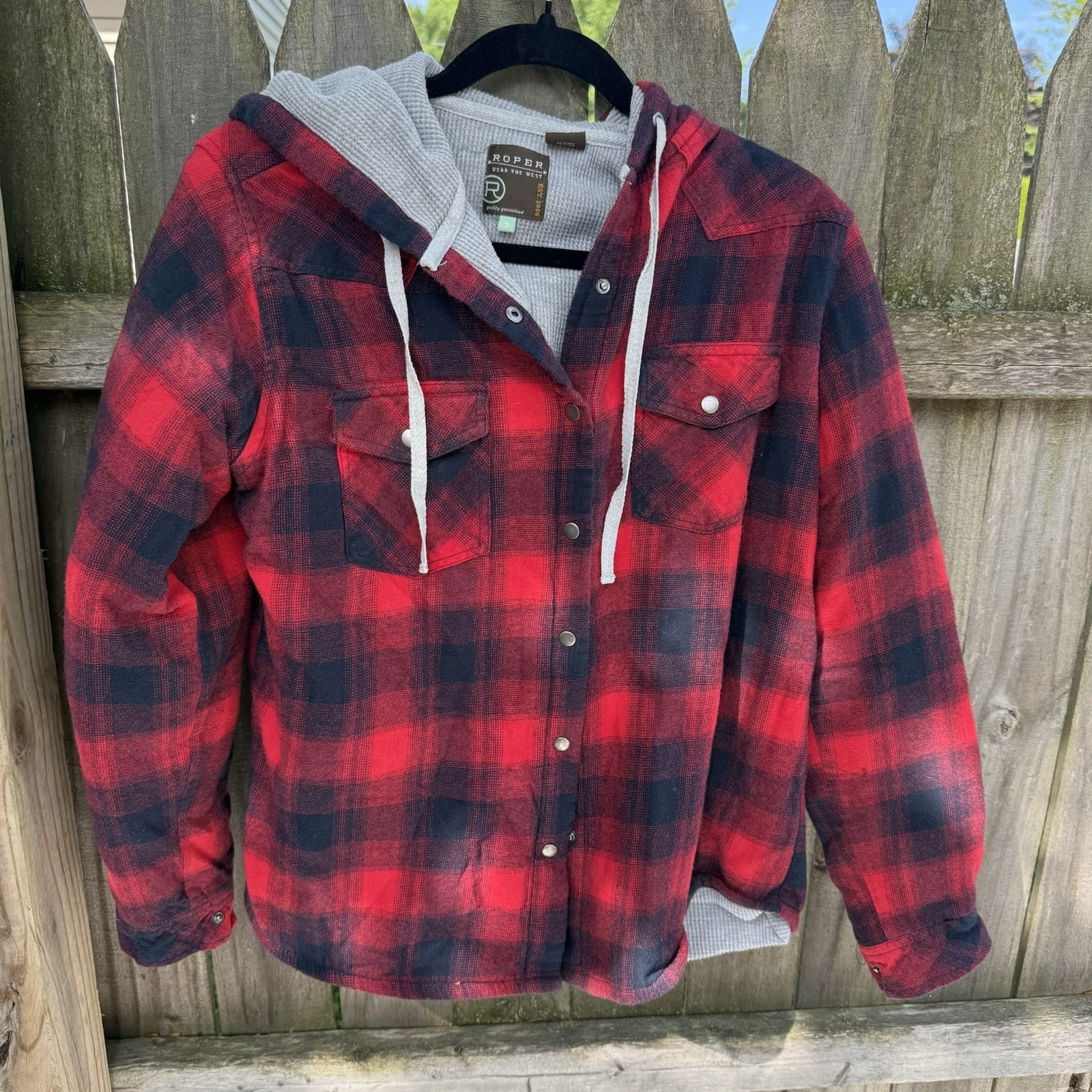 Roper Western Red Flannel Plaid Hoodie Jacket Womens Small GreyThermal Lining