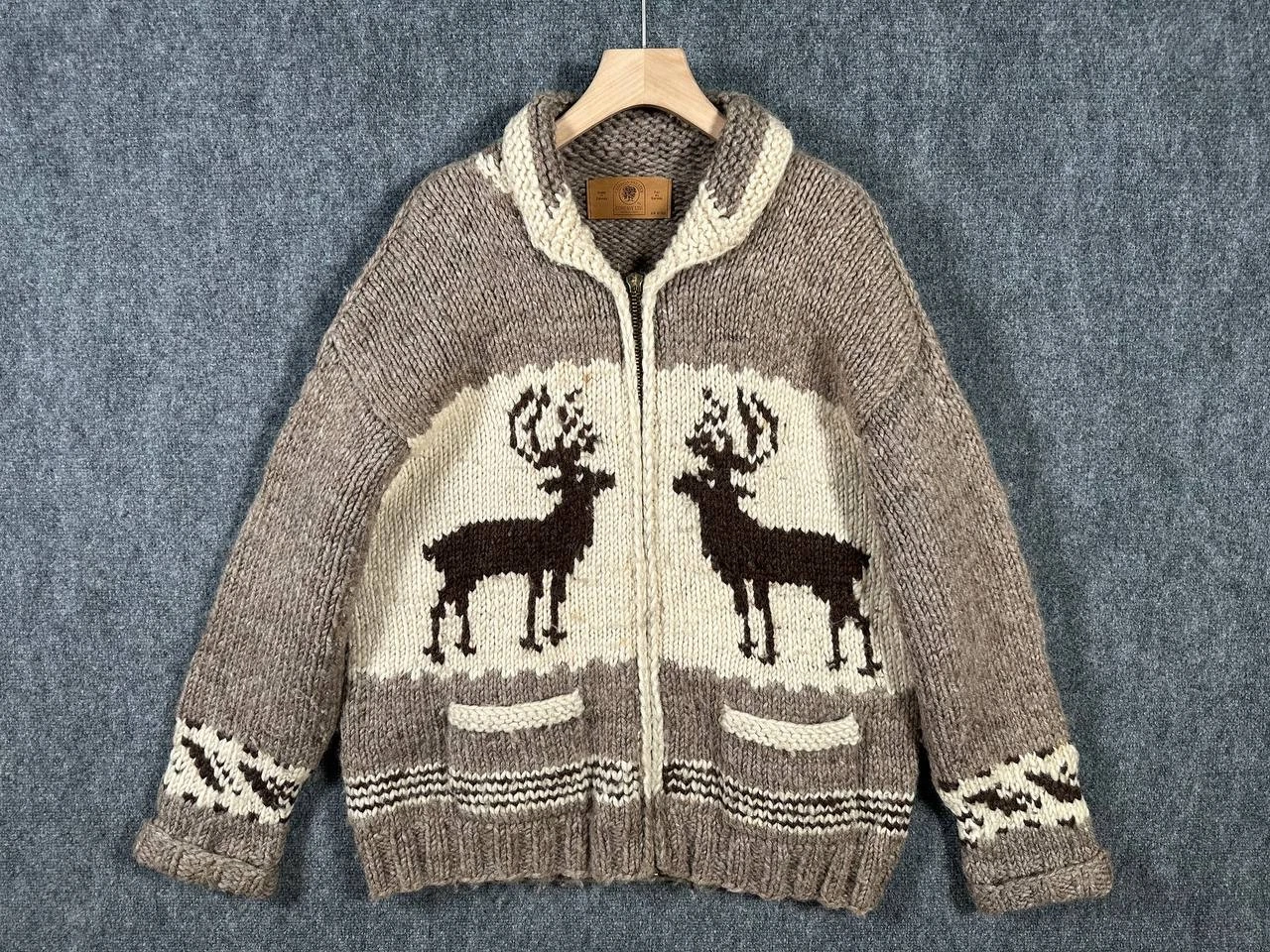 Vtg 80s 90s Canadian Sweater Co Hand Knit Wool Deer Cowichan Full Zip Cardigan