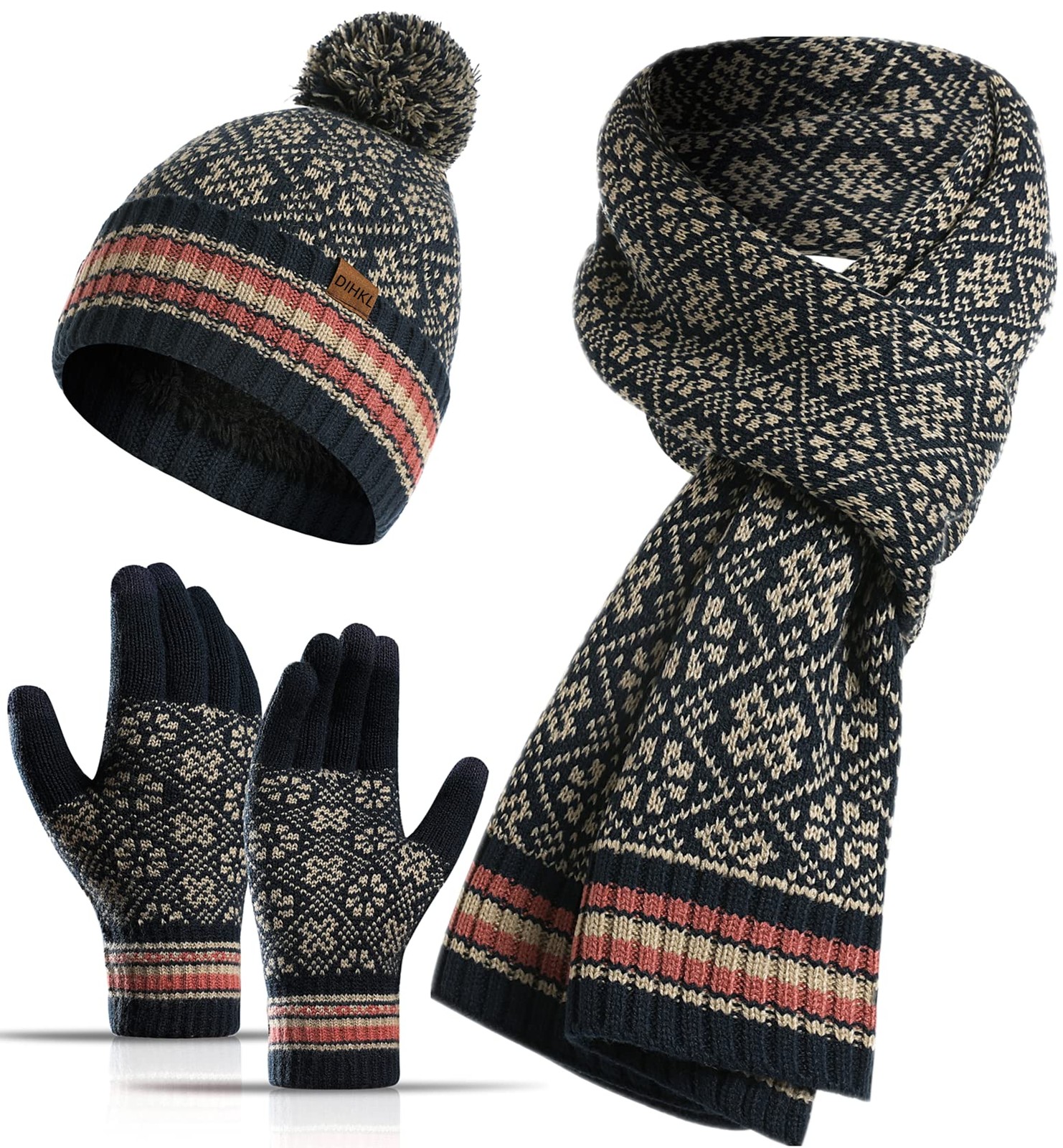 Winter Hat Scarf Gloves Set for Women Womens Knit Warm One Size, Navy Blue