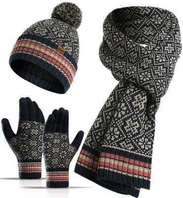 Winter Hat Scarf Gloves Set for Women Womens Knit Warm One Size, Navy Blue
