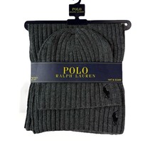 NWT Polo Ralph Lauren Mens Big Pony Grey Wool Scarf Beanie Hat 2 Piece Set