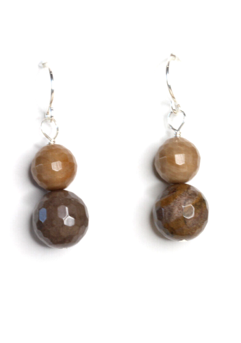 Petrified Wood 8, 10mm Ball Faceted Gemstone .925 Sterling Silver Earrings 1.25" - Picture 2 of 5