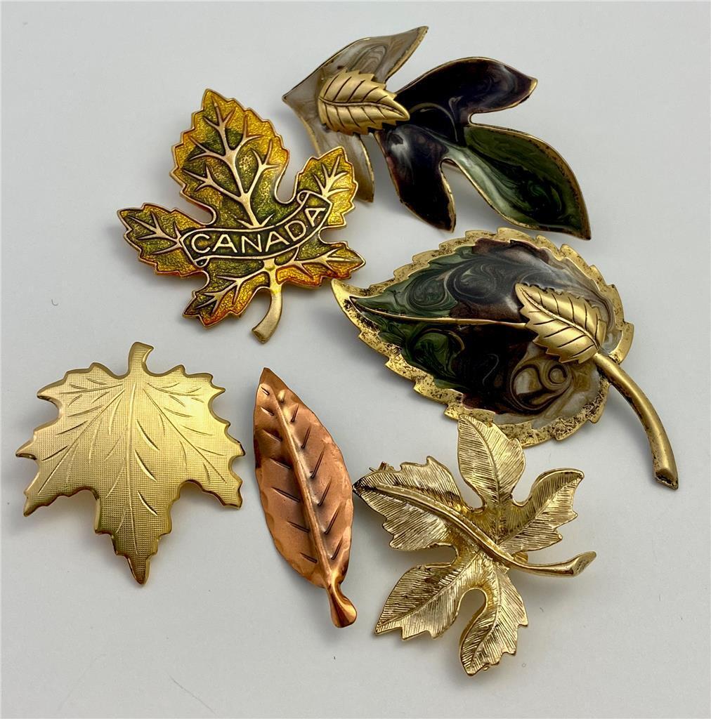 6 Vintage Assorted Leaf Brooch Pin Lot - image 1