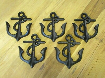 5 Coat Hooks Hat Rack Wall Mounted Decor Black Lakehouse Nautical Cast Iron Fish