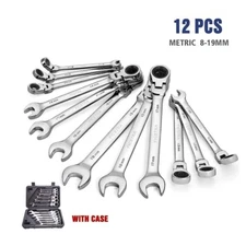 12pc Ratcheting Wrench Combination Spanner Tool Set 8-19 mm Metric Flexible Head