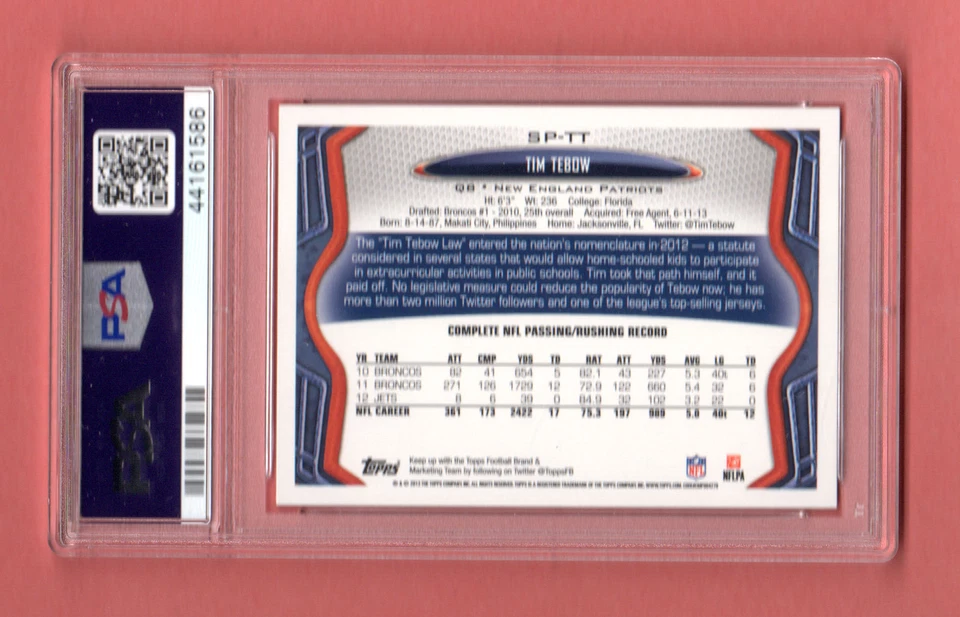 TIM TEBOW with TOM BRADY 2013 TOPPS SHORT PRINT SP-TT PSA 9 MINT RARE TOUGH PULL - Image 2 of 2