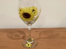 1 Sunflower Wine Glass  Goblet Hand Painted Stem 8 3/8” tall.