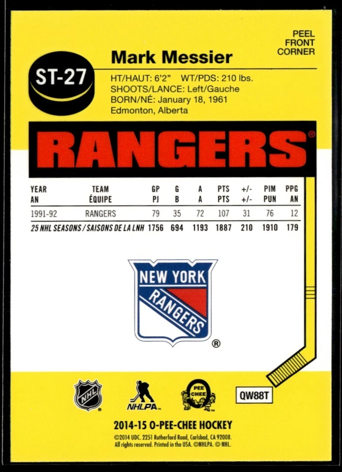 2014-15 O-Pee-Chee Stickers Mark Messier #ST-27 - Image 2 of 2