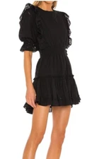 Misa Los Angeles LA Doutzen Mini Dress •XS•Eyelet Puff Sleeve Smocked Black $325