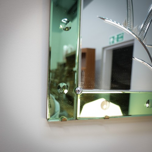 Art Deco bevel edged glass mirror with green glass boarder. Palm tree design - Picture 6 of 10